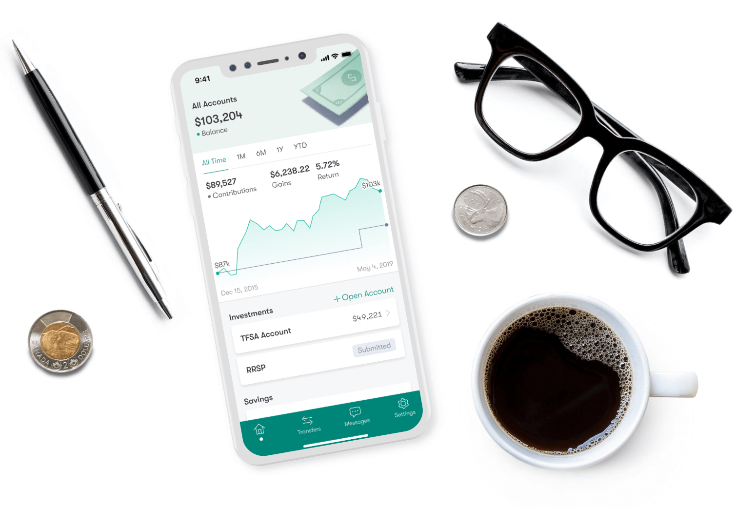 mobile phone, glasses and a pen
